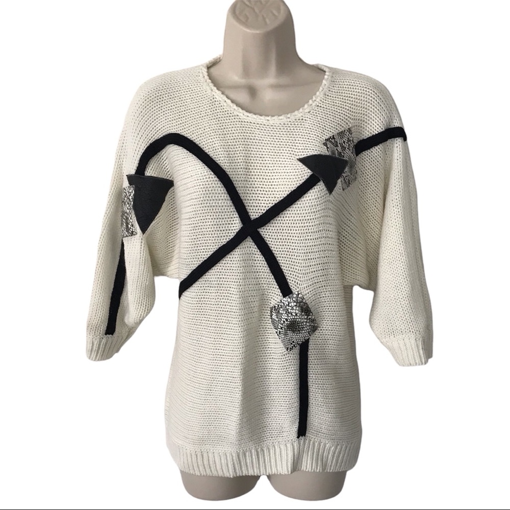 Vintage JAZZY Geo Pattern Faux Leather Patch Sweater